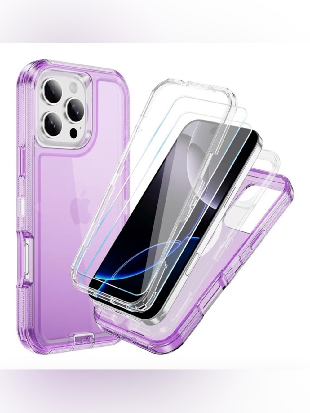 Purple Shockproof Clear Hybrid Phone Case with Screen Protector-IPhone 16 Pro